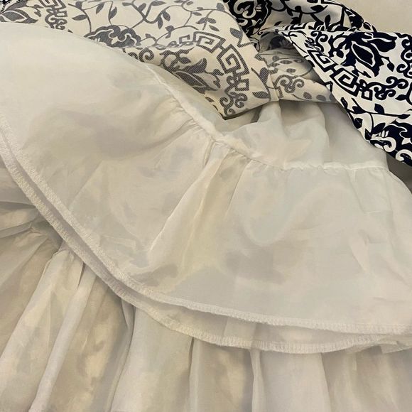 White & Navy Sateen Printed Strapless Party Dress - Picture 11 of 12